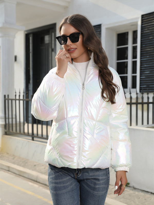 Puffers- Glossy Zip-Up Hooded Puffer Jacket Perfect for City Outings- - Pekosa Women Clothing