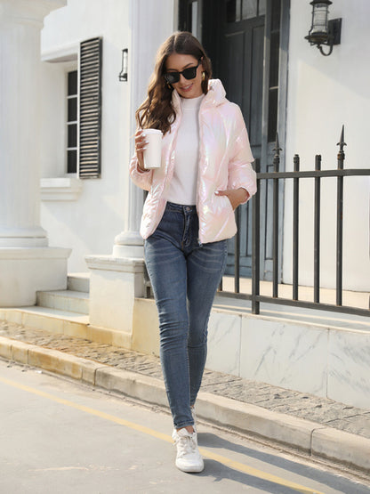 Puffers- Glossy Zip-Up Hooded Puffer Jacket Perfect for City Outings- - Pekosa Women Clothing