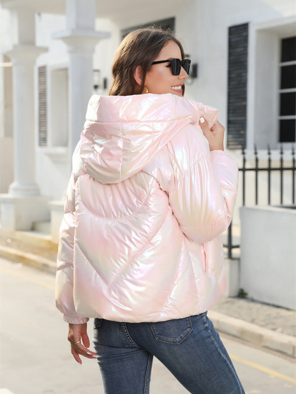Puffers- Glossy Zip-Up Hooded Puffer Jacket Perfect for City Outings- - Pekosa Women Clothing
