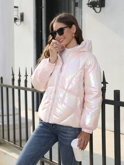 Puffers- Glossy Zip-Up Hooded Puffer Jacket Perfect for City Outings- - Pekosa Women Clothing