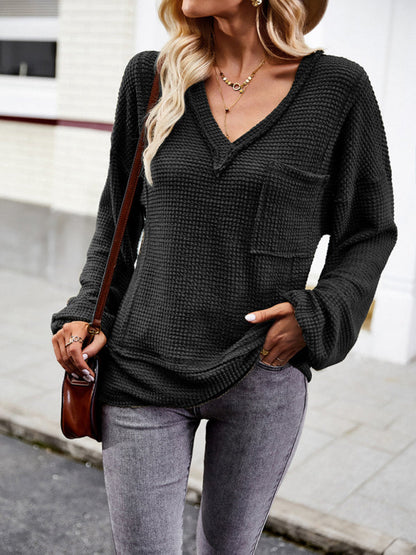 Pullover- Trendy Loose Sweater Pullover: V Neck with Waffle Texture & Pocket- - Pekosa Women Clothing