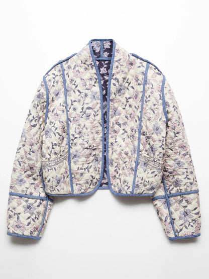 Quilted Jackets- Floral High Neck Open Front Double-Sided Quilted Crop Jacke- - Pekosa Women Clothing