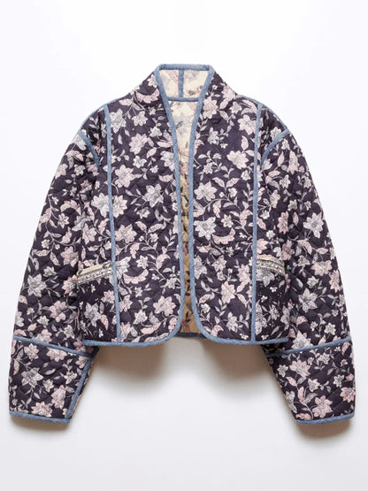 Quilted Jackets- Floral High Neck Open Front Double-Sided Quilted Crop Jacke- - Pekosa Women Clothing