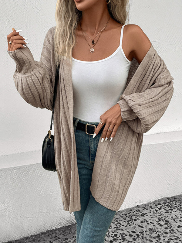 Ribbed Cardigans- Oversize Midi Length Rib-Knit Cardigan with Pockets- - Pekosa Women Clothing