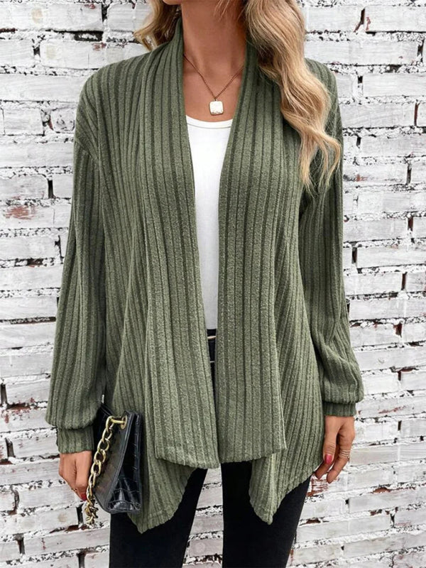 Ribbed Cardigans- Solid Rib-Knit Waterfall Cardigan- - Pekosa Women Clothing
