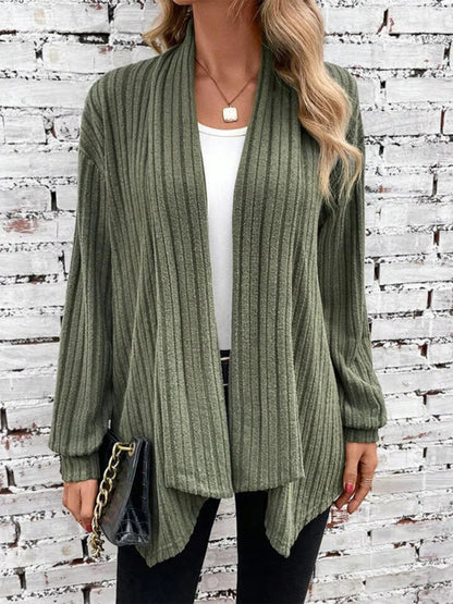 Ribbed Cardigans- Solid Rib-Knit Waterfall Cardigan- - Pekosa Women Clothing