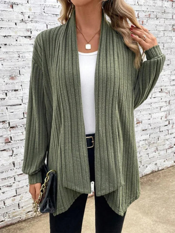 Ribbed Cardigans- Solid Rib-Knit Waterfall Cardigan- - Pekosa Women Clothing