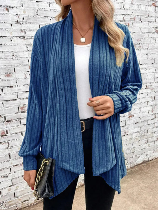 Ribbed Cardigans- Solid Rib-Knit Waterfall Cardigan- Purplish blue navy- Pekosa Women Clothing