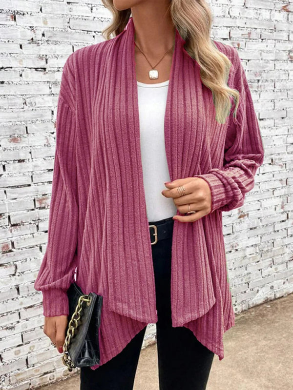 Ribbed Cardigans- Solid Rib-Knit Waterfall Cardigan- Red- Pekosa Women Clothing