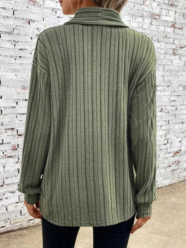 Ribbed Cardigans- Solid Rib-Knit Waterfall Cardigan- - Pekosa Women Clothing