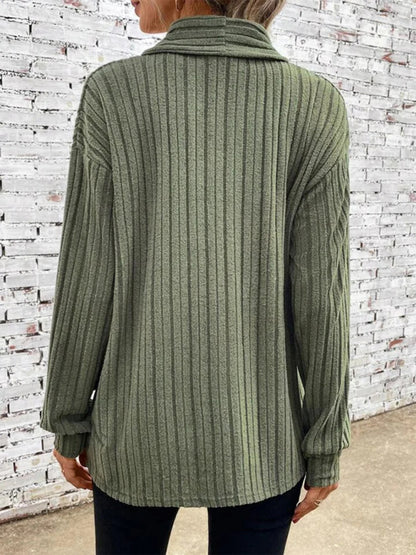 Ribbed Cardigans- Solid Rib-Knit Waterfall Cardigan- - Pekosa Women Clothing