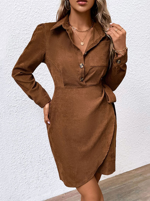 Robe Dresses- Corduroy Robe Shirt Dress: Knot Side, Long Sleeve, Half Button Front- Brown- Pekosa Women Clothing