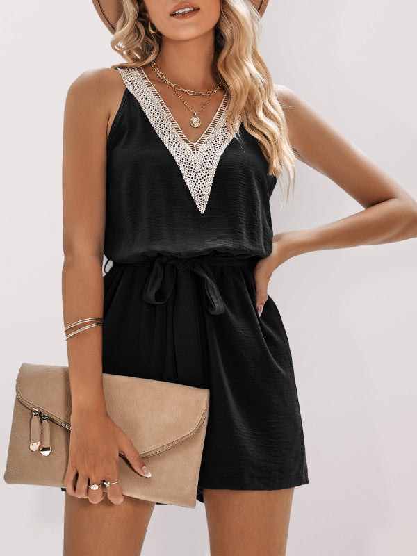 Rompers- Casual Cami Romper with Lace Trim for Women- Black- Pekosa Women Clothing