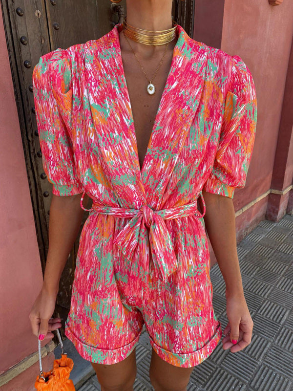 Rompers- Elegant Abstract Print Plunge Shawl Lapels Belt Tie Romper- Red- Pekosa Women Clothing