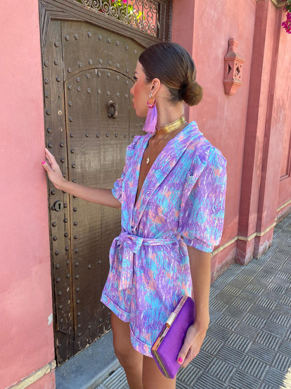 Rompers- Elegant Abstract Print Plunge Shawl Lapels Belt Tie Romper- - Pekosa Women Clothing