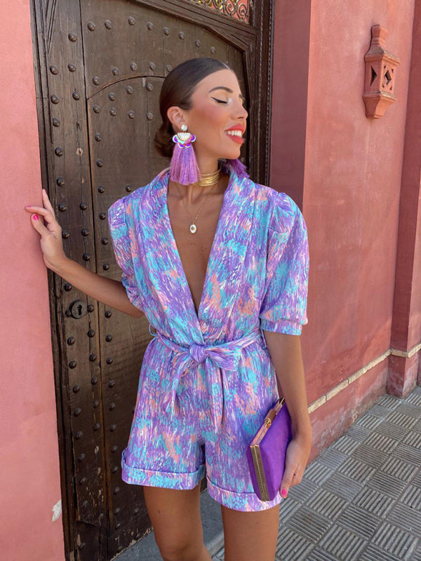 Rompers- Elegant Abstract Print Plunge Shawl Lapels Belt Tie Romper- - Pekosa Women Clothing