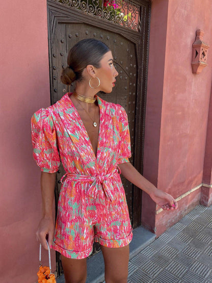 Rompers- Elegant Abstract Print Plunge Shawl Lapels Belt Tie Romper- - Pekosa Women Clothing