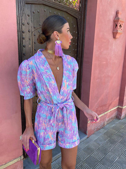 Rompers- Elegant Abstract Print Plunge Shawl Lapels Belt Tie Romper- - Pekosa Women Clothing