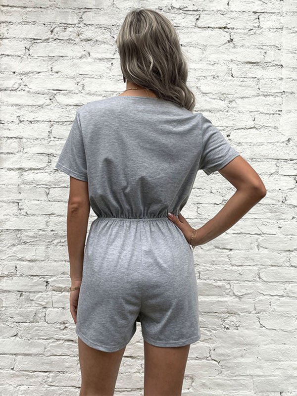 Rompers- Modern Short Sleeves Button Down Romper - Adjustable Waist Jumpsuits- - Pekosa Women Clothing