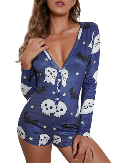 Rompers- Spooky Halloween Lounge Long Sleeve Shorts Jumpsuit- - Pekosa Women Clothing