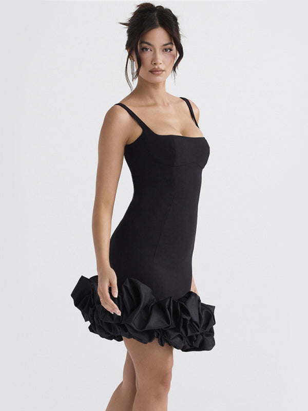 Ruffle Dresses- Vintage Elegant Flounce Hem Square Bodycon Mini dress- - Pekosa Women Clothing