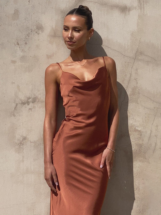 Satin Dresses- Bridesmaid Sleeveless Satin Cowl Neck Slip Maxi Dress- Brown- Pekosa Women Clothing