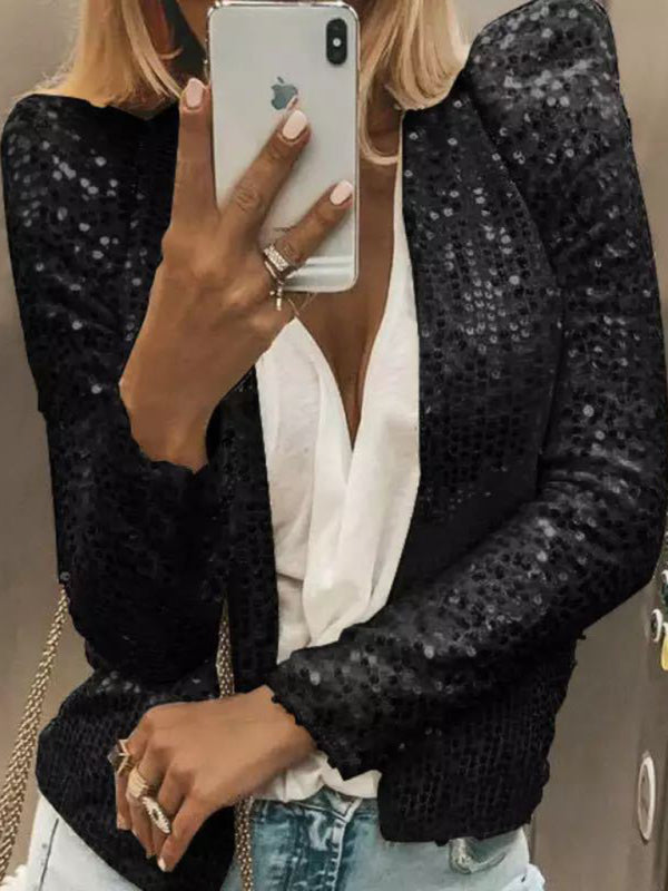 Sequined Jackets- Sequined Puff Sleeve Open Front Jacket- Black- Pekosa Women Clothing