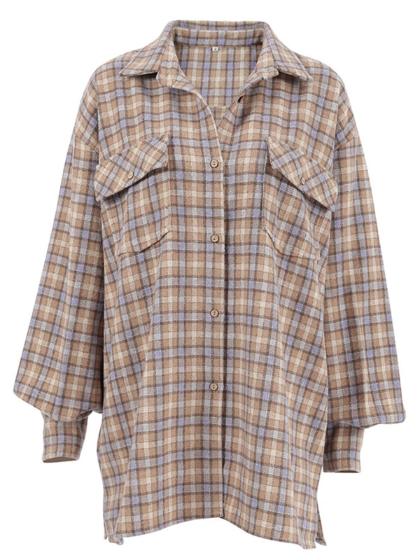 Shackets- Oversized Mid-Length Plaid Shacket for Fall Adventures- - Pekosa Women Clothing
