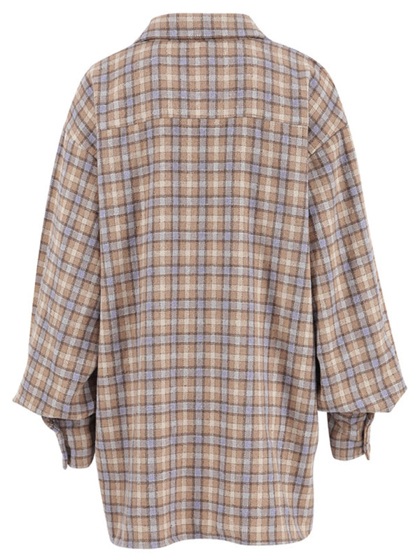 Shackets- Oversized Mid-Length Plaid Shacket for Fall Adventures- - Pekosa Women Clothing