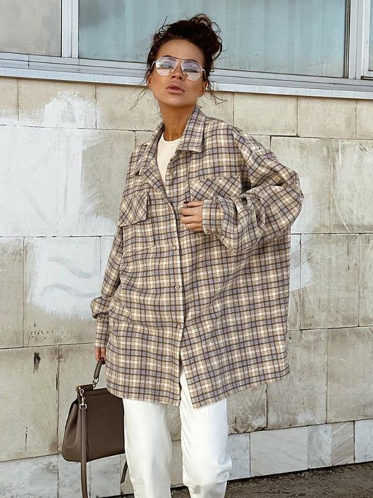 Shackets- Oversized Mid-Length Plaid Shacket for Fall Adventures- Khaki- Pekosa Women Clothing