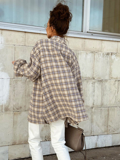 Shackets- Oversized Mid-Length Plaid Shacket for Fall Adventures- - Pekosa Women Clothing