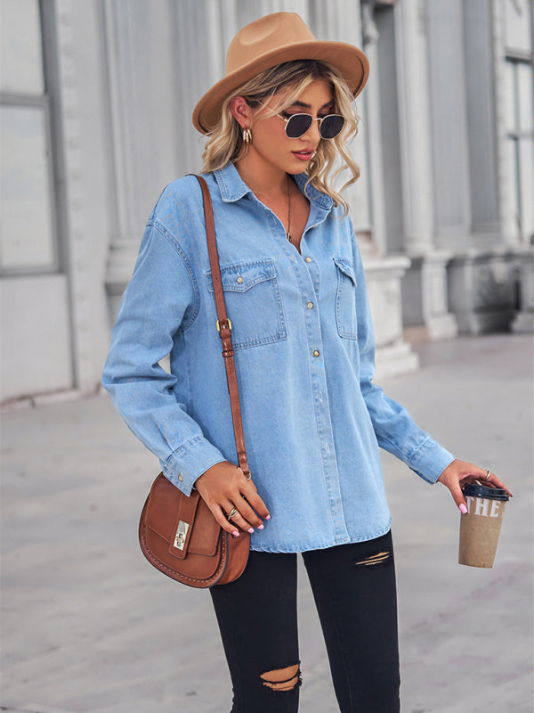 Shirt- Button-Down Jean Jacket Women's Thin Denim Shirt Jacket for Any Occasion- - Pekosa Women Clothing