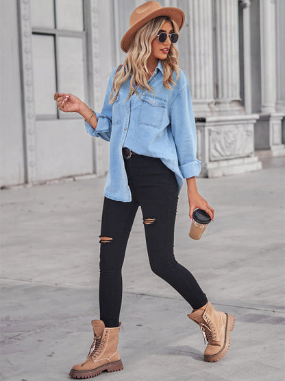 Shirt- Button-Down Jean Jacket Women's Thin Denim Shirt Jacket for Any Occasion- - Pekosa Women Clothing