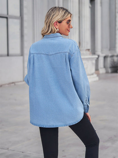 Shirt- Button-Down Jean Jacket Women's Thin Denim Shirt Jacket for Any Occasion- - Pekosa Women Clothing