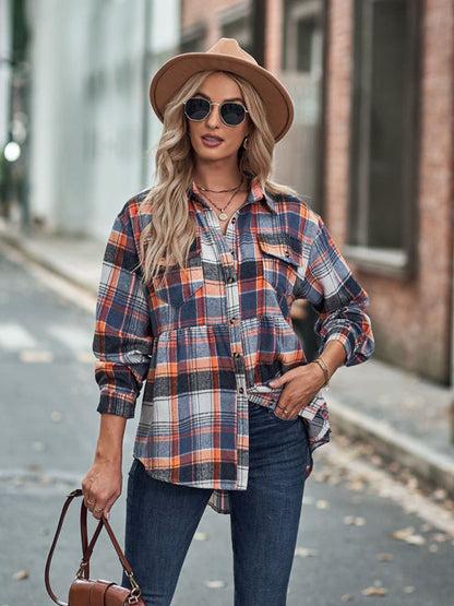 Shirt- Classic Plaid Peplum Buttoned Shirt Jacket: Lapel Collar, Long Sleeves- - Pekosa Women Clothing