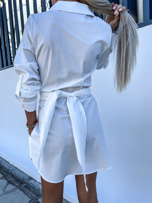 Shirt Dresses- Belted Button-Up Shirt Dress in Solid Cotton with Roll-Up Sleeves- - Pekosa Women Clothing