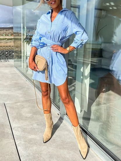 Shirt Dresses- Belted Button-Up Shirt Dress in Solid Cotton with Roll-Up Sleeves- - Pekosa Women Clothing