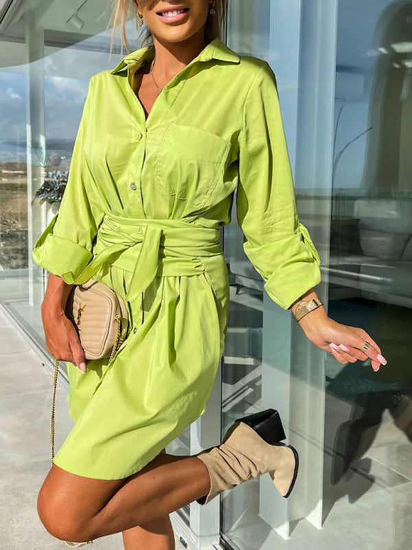 Shirt Dresses- Belted Button-Up Shirt Dress in Solid Cotton with Roll-Up Sleeves- - Pekosa Women Clothing