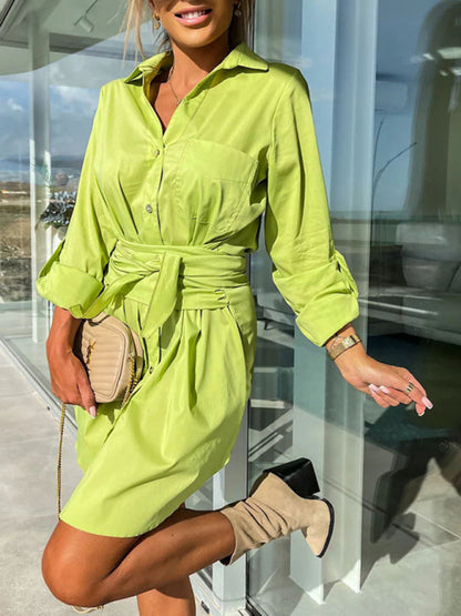 Shirt Dresses- Belted Button-Up Shirt Dress in Solid Cotton with Roll-Up Sleeves- - Pekosa Women Clothing
