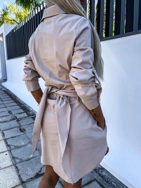 Shirt Dresses- Belted Button-Up Shirt Dress in Solid Cotton with Roll-Up Sleeves- - Pekosa Women Clothing