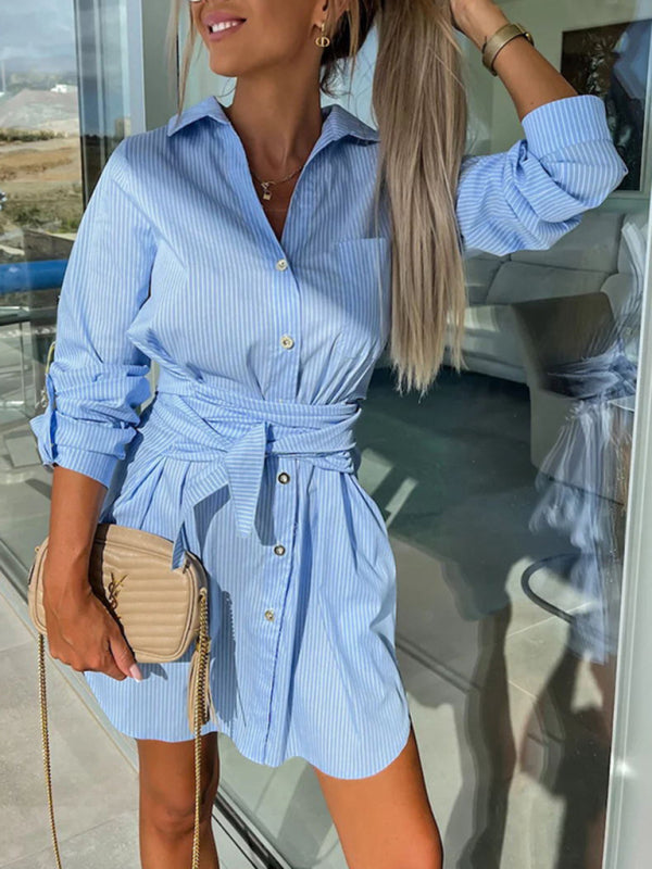Shirt Dresses- Belted Button-Up Shirt Dress in Solid Cotton with Roll-Up Sleeves- Blue- Pekosa Women Clothing
