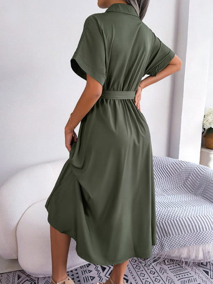 Shirt Dresses- Casual Elegance Solid Button Down Belt Tie Shirt Dress- - Pekosa Women Clothing