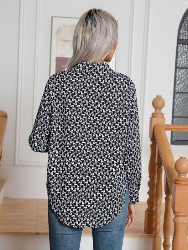 Shirts- All-Printed Collared Button-Up Blouse | Long Sleeves Shirt- - Pekosa Women Clothing