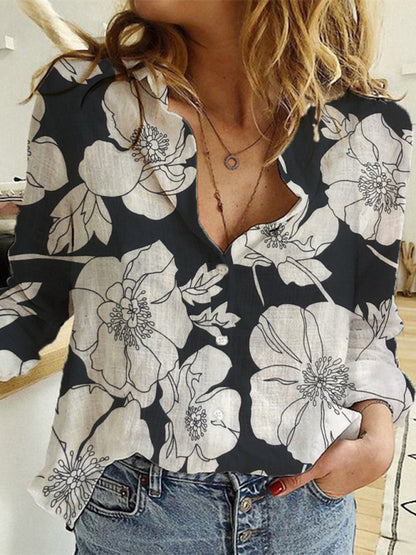 Shirts- Breathable Long Sleeve Cotton-Linen Shirt for Summer Texture- Dark Blue- Pekosa Women Clothing