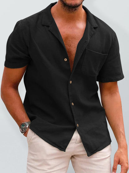Shirts- Men's Oversized Solid Cotton Short Sleeve Shirt- Black- Pekosa Women Clothing