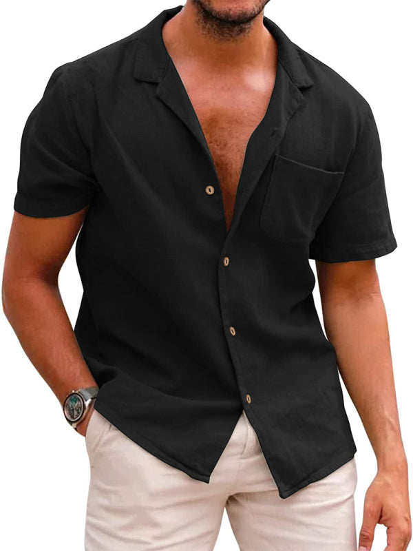 Shirts- Men's Oversized Solid Cotton Short Sleeve Shirt- - Pekosa Women Clothing