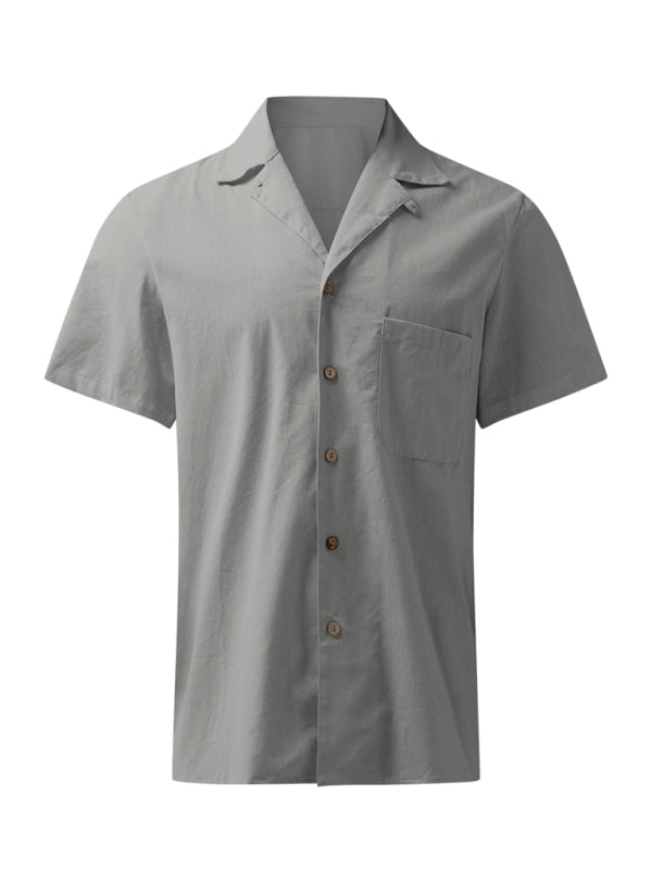 Shirts- Men's Oversized Solid Cotton Short Sleeve Shirt- - Pekosa Women Clothing