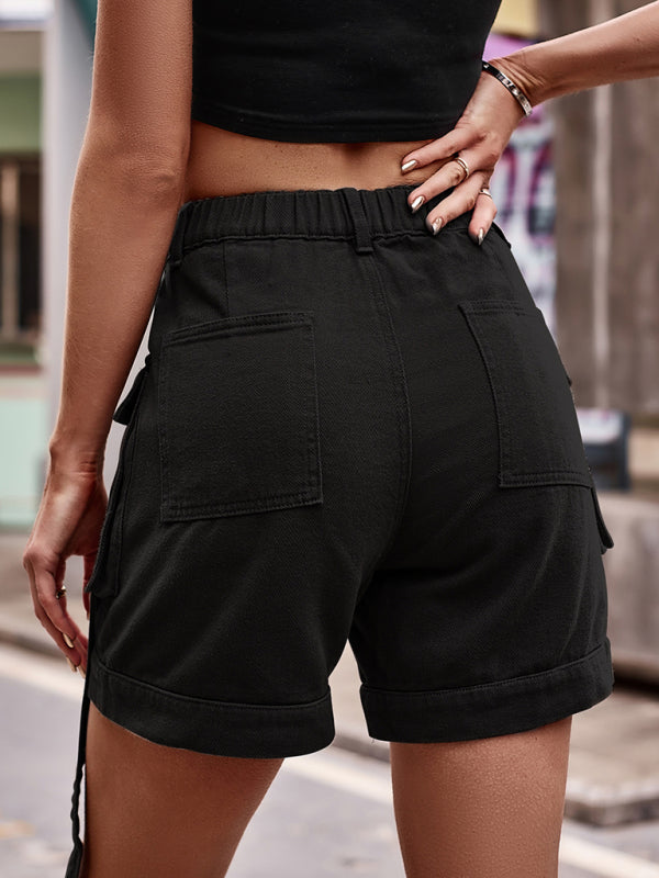 Shorts- Retro Denim Cargo Shorts: High Waist, Elastic Back, and Flap Pockets- - Pekosa Women Clothing