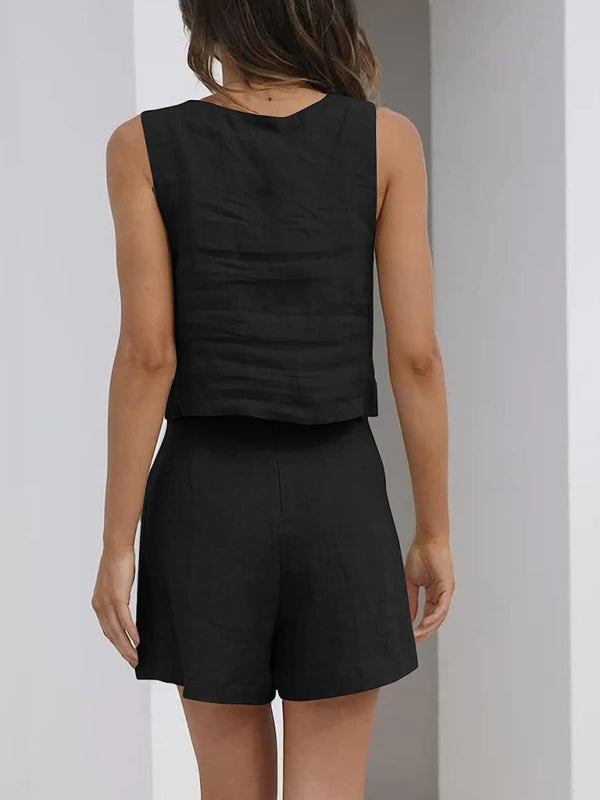 Shorts Set- Cotton Linen Set Crop Tank + Shorts- - Pekosa Women Clothing