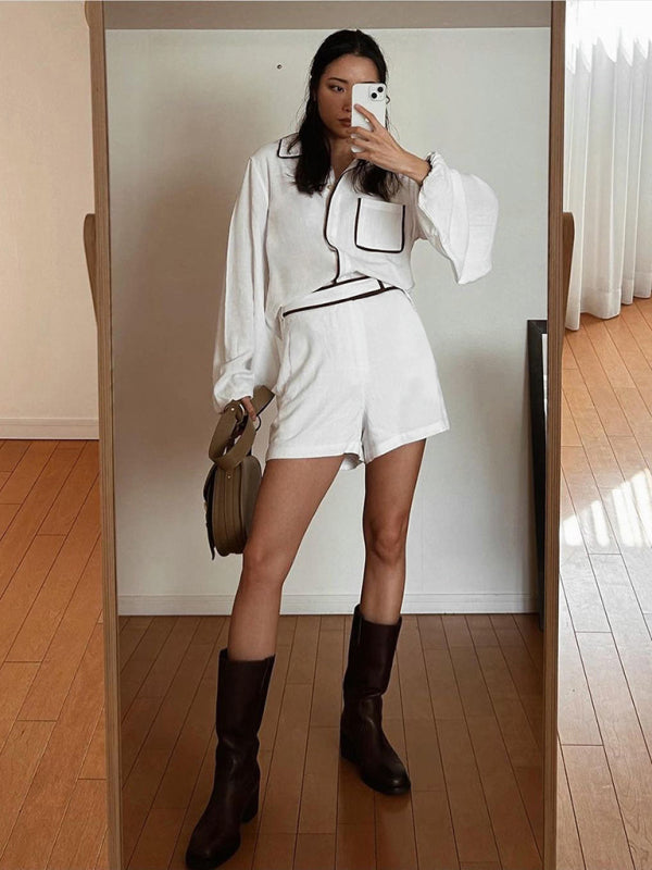 Shorts Set- Cotton Vacay Set: Balloon Sleeve Shirt + High Rise Shorts- - Pekosa Women Clothing